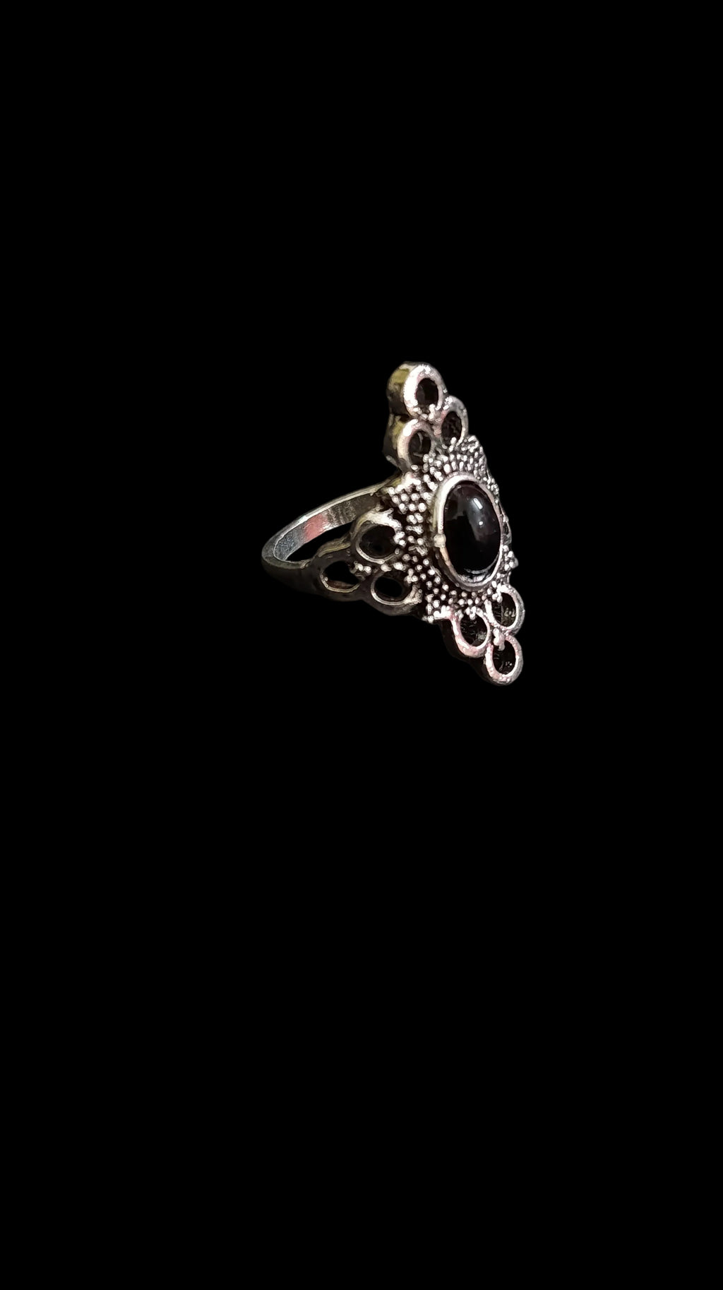 Antique Oxidized Silver Filigree Ring with Black Stone