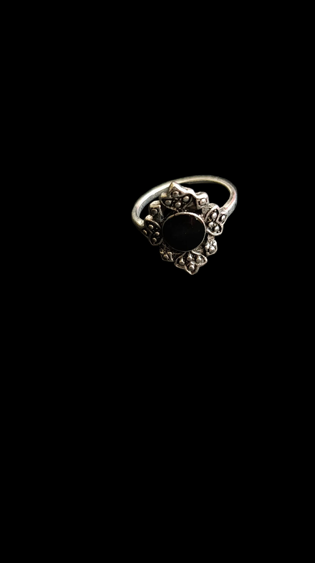 Antique Oxidized Silver Filigree Ring with Black Stone