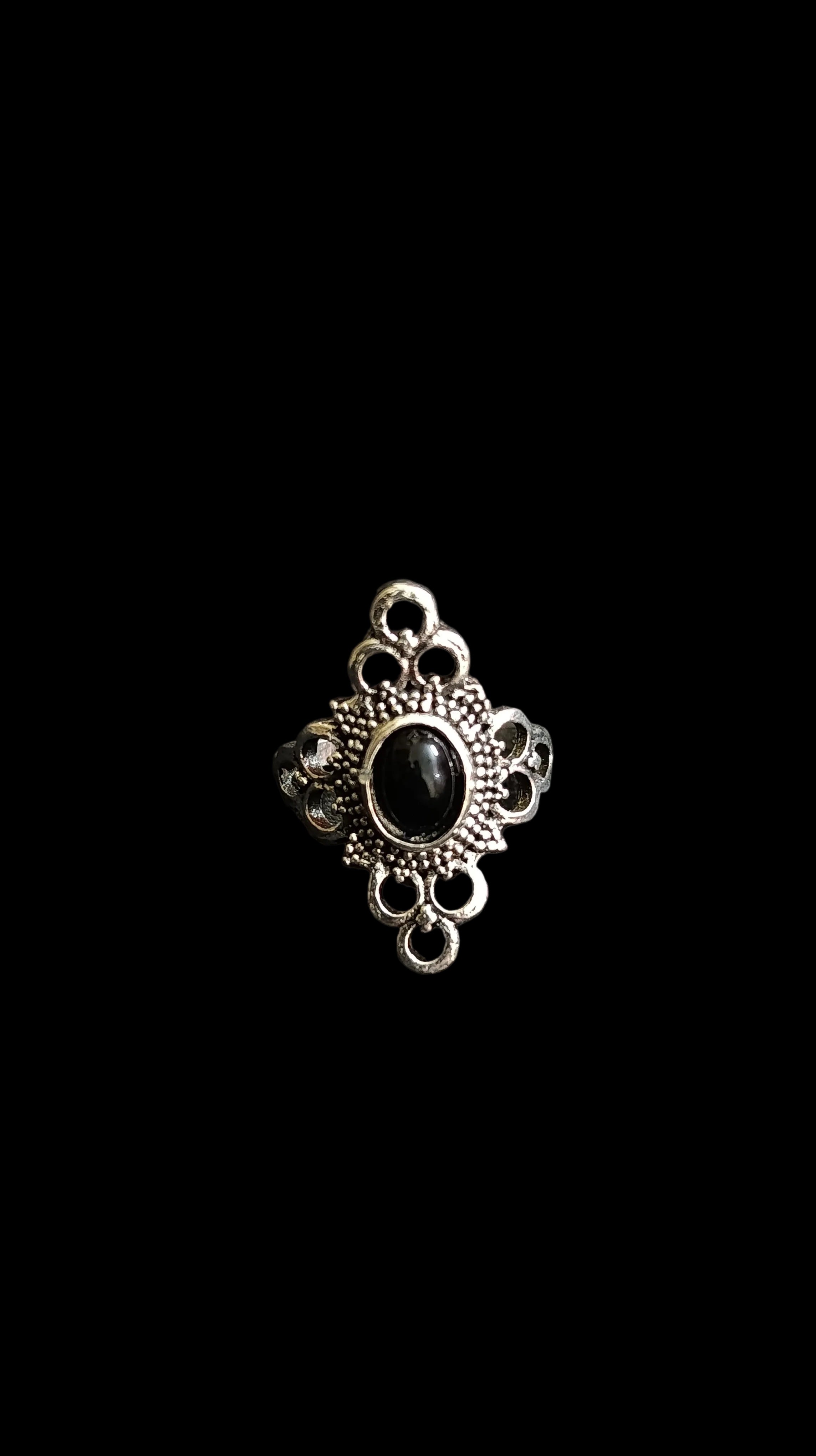 Antique Oxidized Silver Filigree Ring with Black Stone